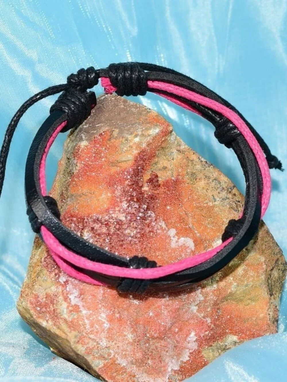 Aubrey Logan Multi Layer Leather Bracelet Black and Pink Mens Gift Boxed